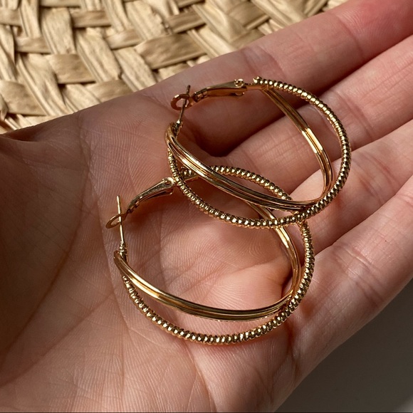 Gold Hoop Earrings Round Twisted Metal Embossed Engraved Design Double Infinity - Picture 8 of 11